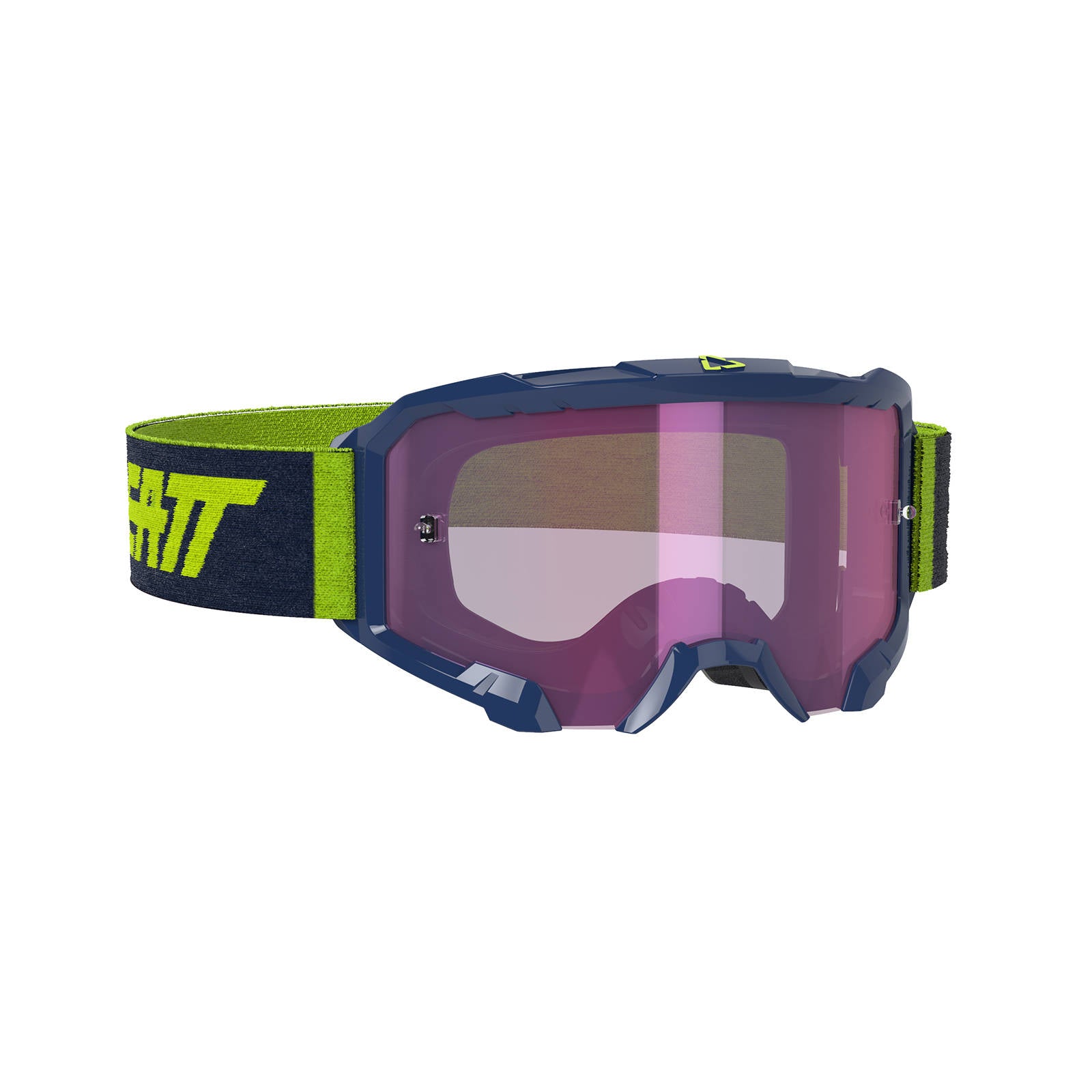 Leatt branded motorcycle goggles with lime colour band and purple tinted lens